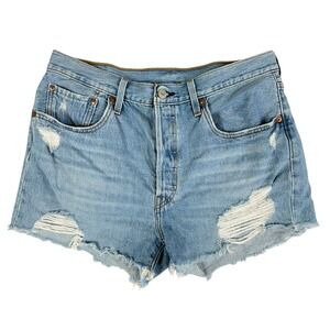 Levi's 501 Women's 32 Distressed Denim Shorts Blue Button Fly Frayed Hem Country